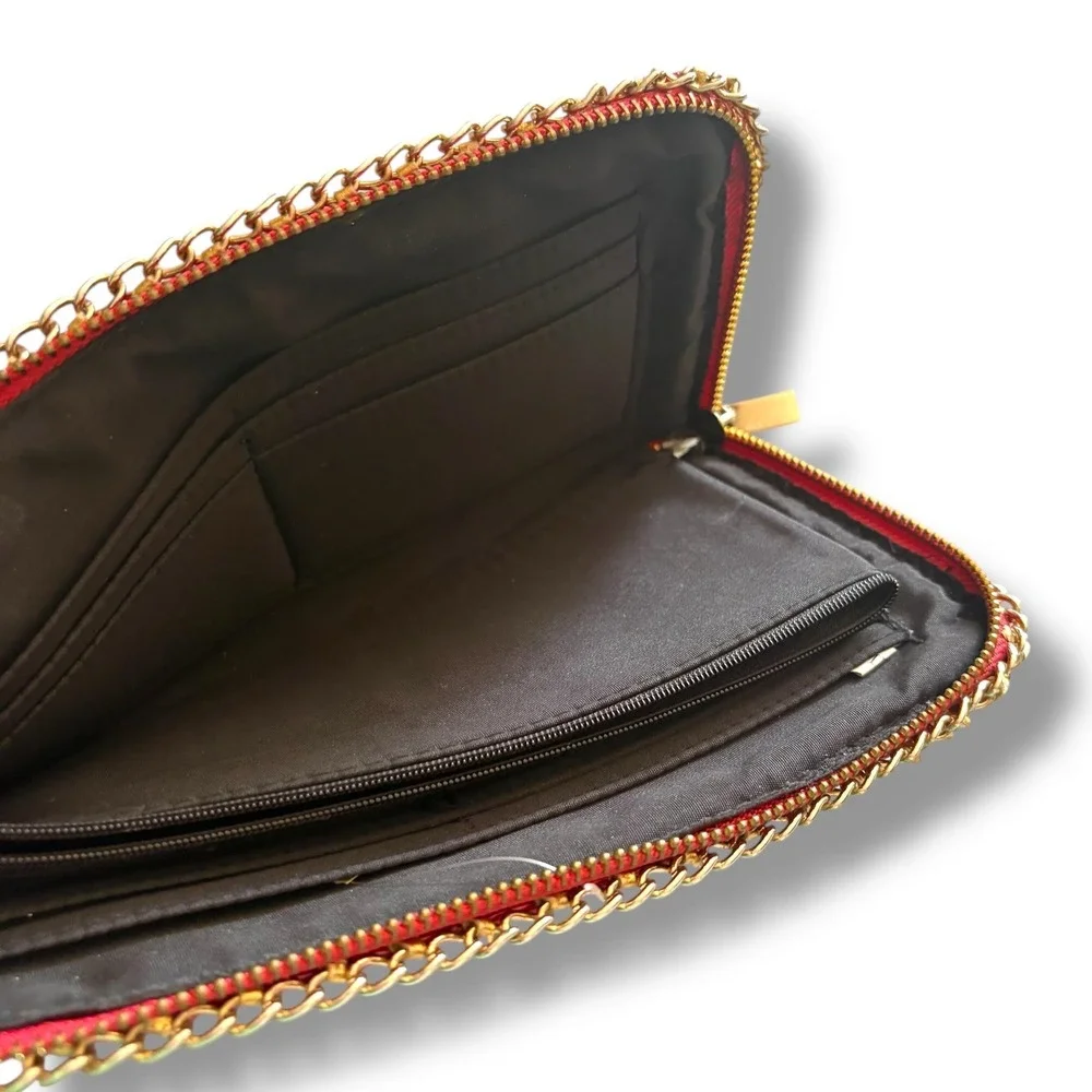Red Patent Geometric Quilted Zip Around Wallet with Gold‎ Chain Trim Detail